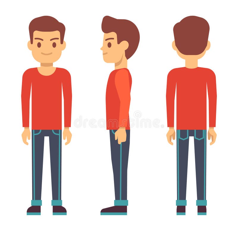 Standing Young Man, Boy Character in Front, Back, Side View in Casual