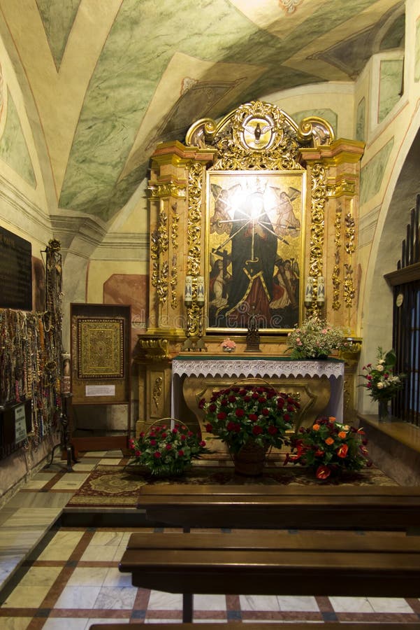 Staniatki, Poland - June 9, 2016: The historic convent, the nuns. Of the Benedictine abbey, the image of Our Lady the Seven Sorrows royalty free stock image Staniatki, Poland - June 9, 2016: The historic convent, the nuns. Of the Benedictine abbey, the image of Our Lady the Seven Sorrows royalty free stock image