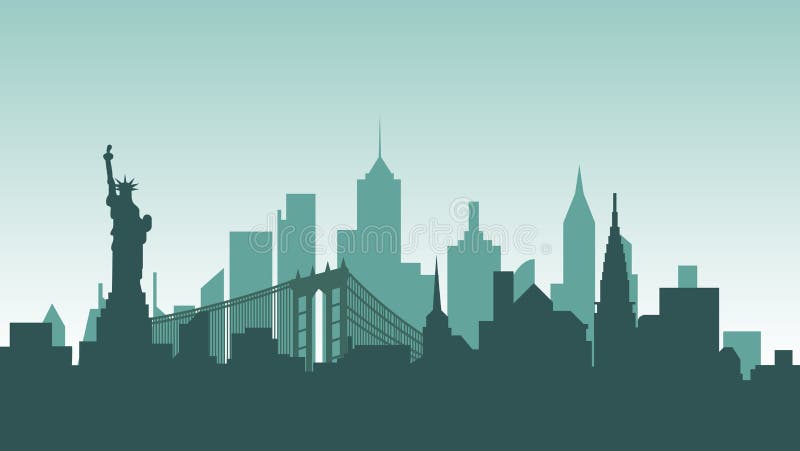 Stock vector illustration background silhouette architecture buildings and monuments town city country travel USA, welcome New York, Statue of Liberty, United States of America, bridge, skyscrapers. Stock vector illustration background silhouette architecture buildings and monuments town city country travel USA, welcome New York, Statue of Liberty, United States of America, bridge, skyscrapers