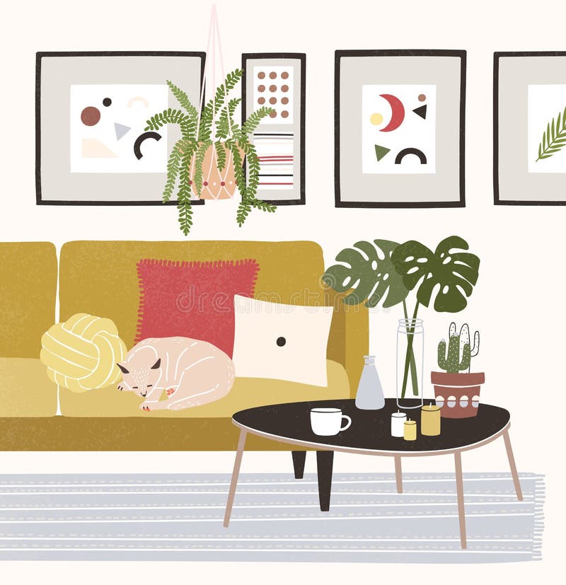 Stanza accogliente sveglia con il gatto che dorme sul sofà comodo, tavolino da salotto, piante in vaso, decorazioni domestiche Ca