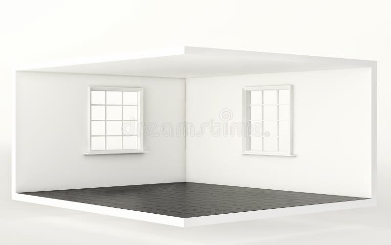 Stanza bianca con il pavimento nero e due le finestre, interni vuoti ... Progettare stanza 3d