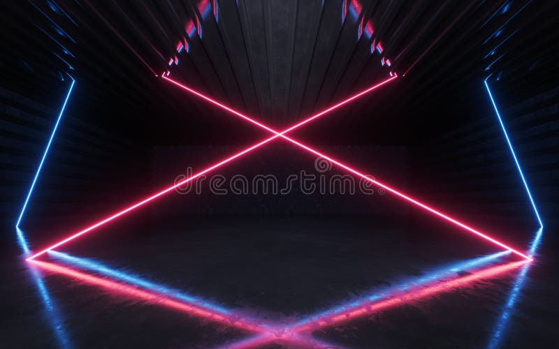 Stanza buia con brillanti linee di neon rendering 3d royalty illustrazione gratis