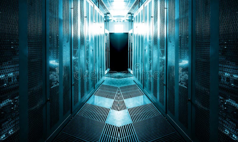 Stanza delle attrezzature di comunicazione con illuminazione nel centro dati immagini stock libere da diritti
