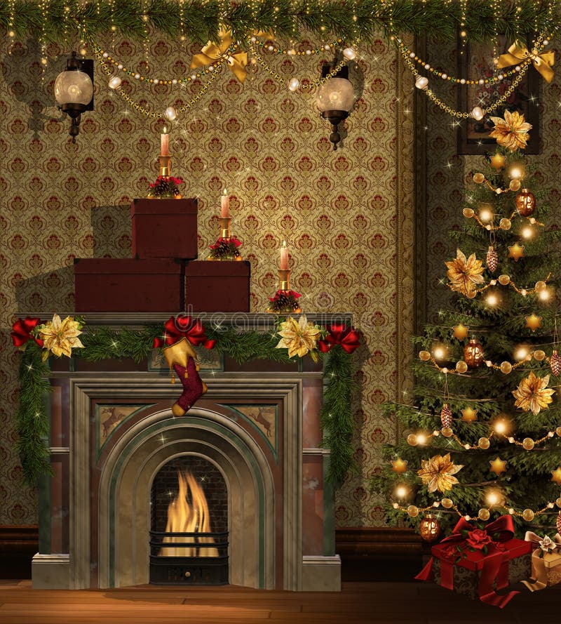 Stanza di natale con le decorazioni dorate illustrazione vettoriale Stanza di natale con le decorazioni dorate illustrazione vettoriale
