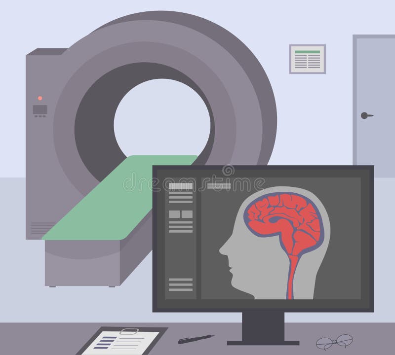Stanza radiologica con un tomograph del computer Analizzatore diagnostico e monitor di RMI/CT per esplorare il cervello umano sul illustrazione di stock