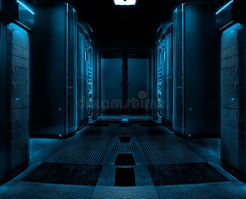 Stanza simmetrica del server con le file degli elaboratori centrali nel centro dati moderno, progettazione scura futuristica immagine stock