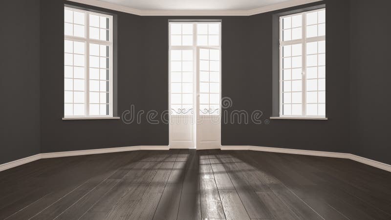 Stanza vuota con il grande pavimento di parquet dell'annuncio delle finestre, classico minimalista