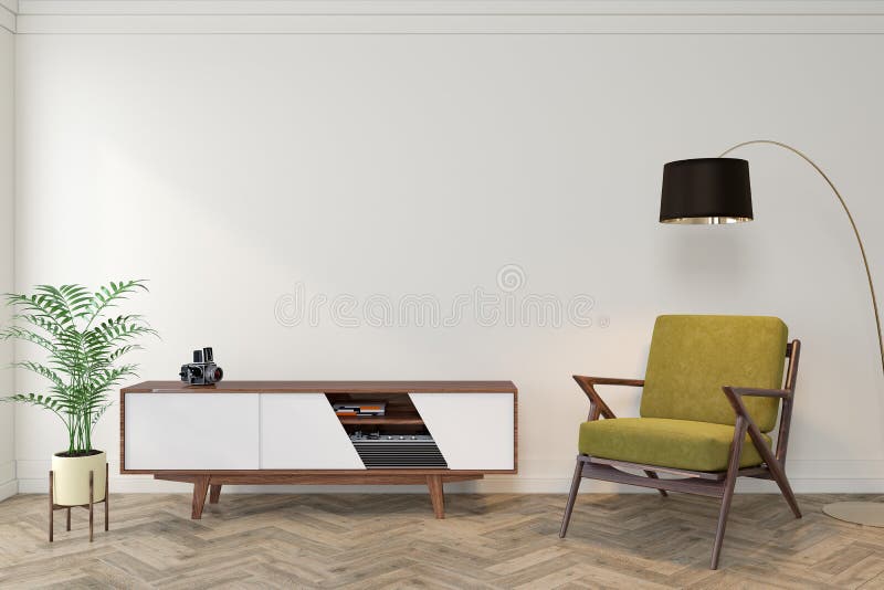 Stanza vuota interna moderna di metà del secolo con la parete bianca, apprettatrice, console, sedia di salotto gialla, poltrona royalty illustrazione gratis