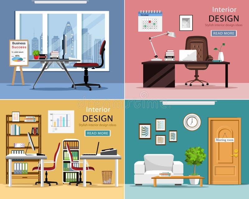 Stanze dell'ufficio messe Interni grafici dettagliati della stanza con mobilia: tavole, sedie, computer portatili e articoli per royalty illustrazione gratis Stanze dell'ufficio messe Interni grafici dettagliati della stanza con mobilia: tavole, sedie, computer portatili e articoli per royalty illustrazione gratis