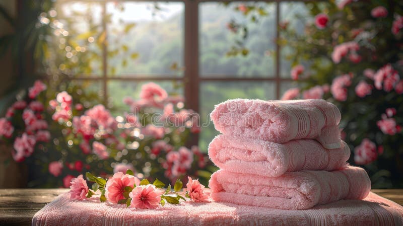 A stack of pink towels neatly arranged on top of a table. AI Generative AI generated. A stack of pink towels neatly arranged on top of a table. AI Generative AI generated