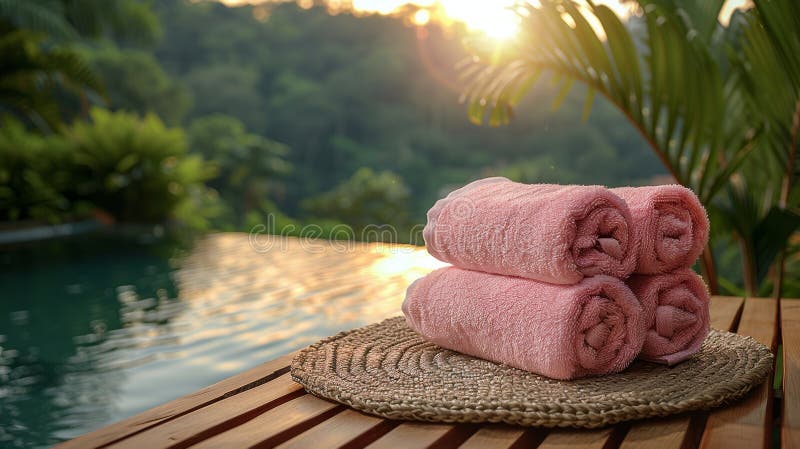 A stack of pink towels neatly arranged on top of a table. AI Generative AI generated. A stack of pink towels neatly arranged on top of a table. AI Generative AI generated