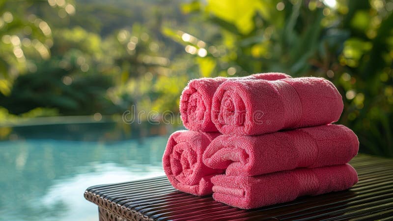 A stack of pink towels neatly arranged on top of a table. AI Generative AI generated. A stack of pink towels neatly arranged on top of a table. AI Generative AI generated