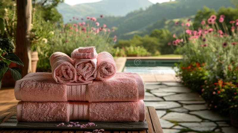 A stack of pink towels neatly arranged on top of a table. AI Generative AI generated. A stack of pink towels neatly arranged on top of a table. AI Generative AI generated