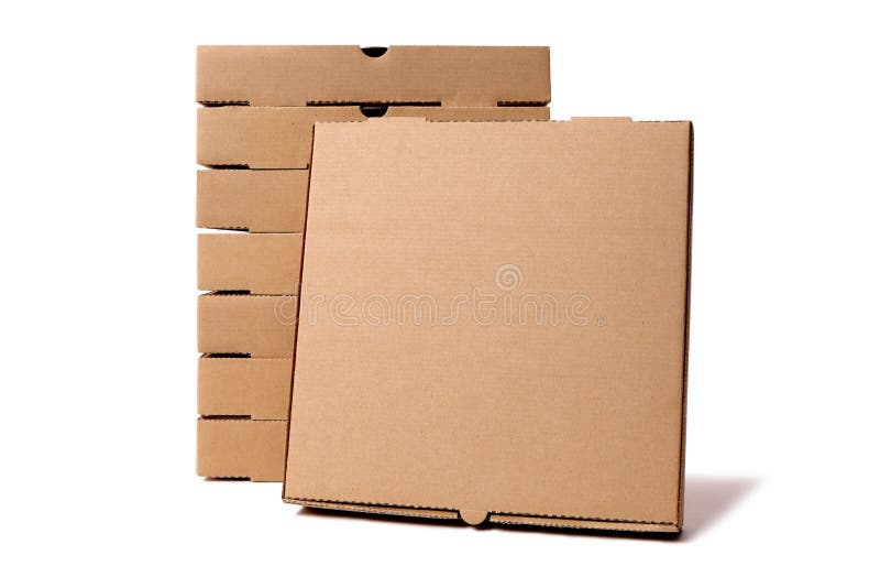Stack of plain brown pizza boxes with one front facing box for display or advertising. Space for copy. Stack of plain brown pizza boxes with one front facing box for display or advertising. Space for copy.