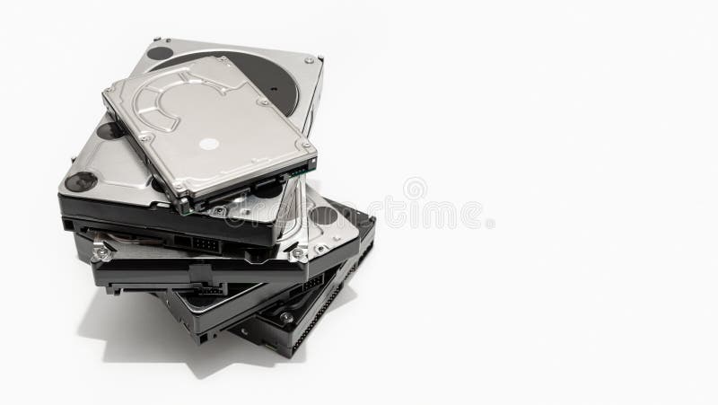 Pile of Hard disk drive HDD isolated on white background. Computer hardware data storage. Copy space. Pile of Hard disk drive HDD isolated on white background. Computer hardware data storage. Copy space