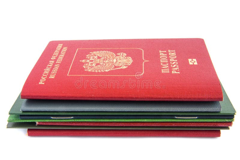 Stack of different documents with russian passport on top isolated on white background. Difficult bureaucracy concept. Stack of different documents with russian passport on top isolated on white background. Difficult bureaucracy concept.