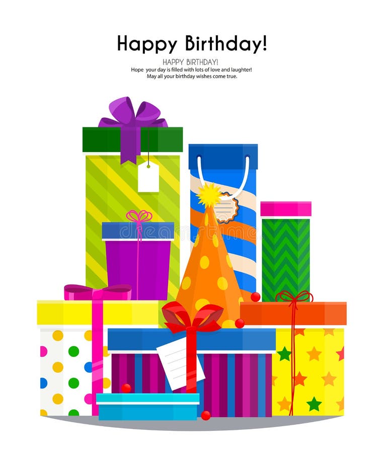 Stapel von bunten Geschenkboxen und von Parteihut für Ihren Geburtstag Viele Geschenke in der flachen Art lizenzfreie abbildung