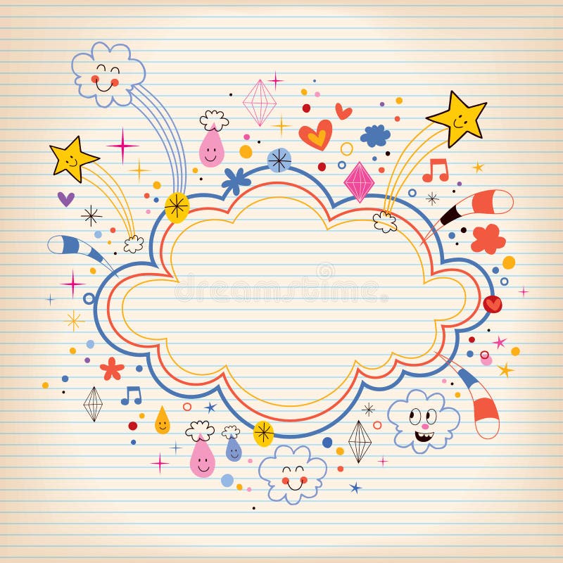 Star bursts cartoon cloud shape banner frame lined note paper background stock illustration