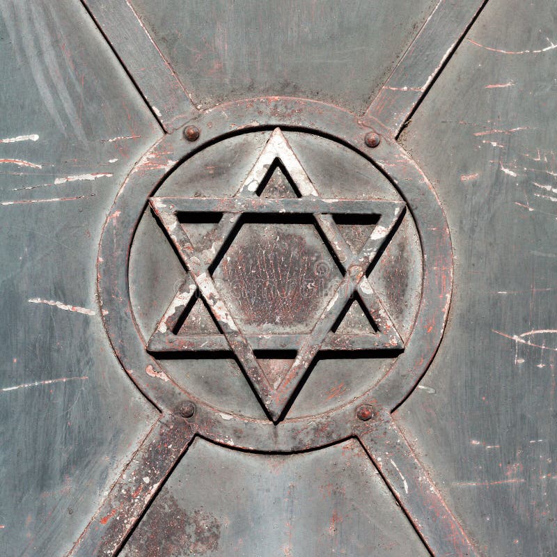 Star of David, old damaged metal door architectural building part, synagogue detail circle square symbol, sign closeup, Judaism