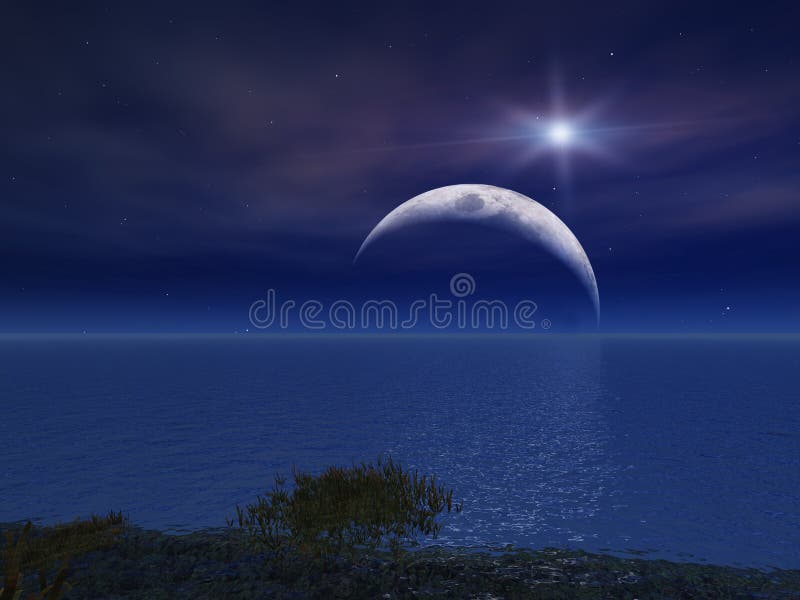 A Bright Star and Night Moon Over Sea. Backdrop simple landscape illustrations