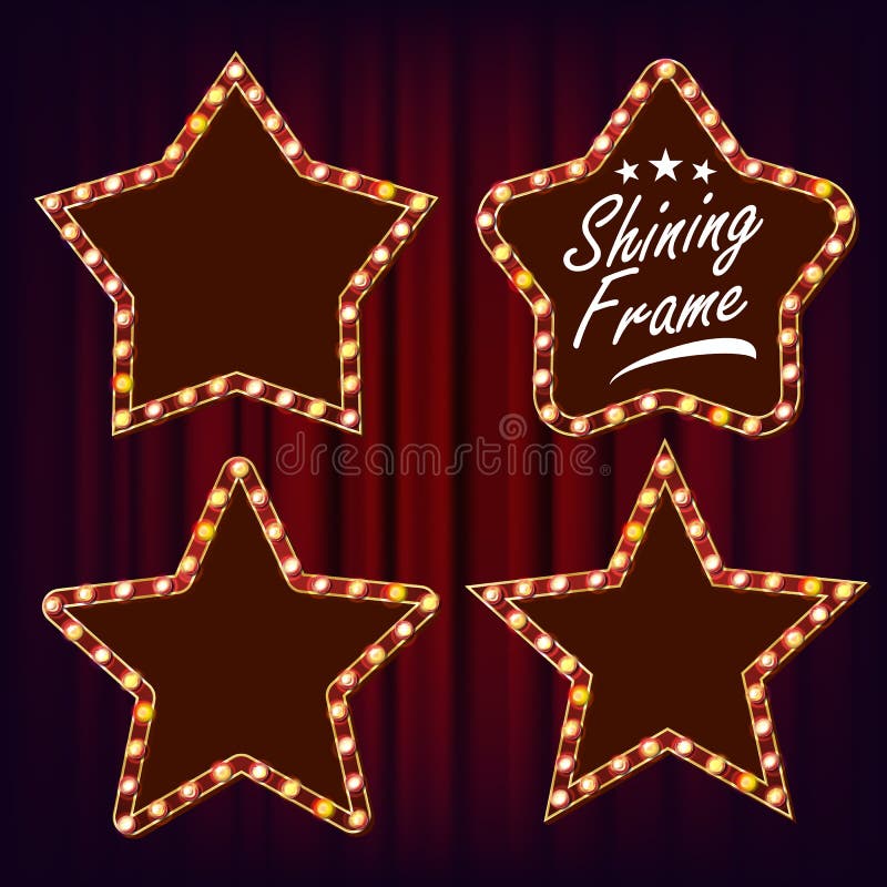 Star Retro Frame Set Vector. Realistic Shine Lamp Star Frame. 3D Electric Glowing Billboard. Vintage Illuminated Neon Light. Carnival, Circus, Style. Illustration