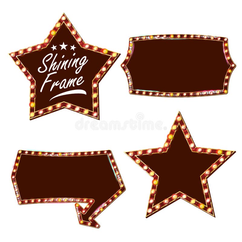 Star Set Billboard Vector. Shining Star Sign Board. Vintage Golden Illuminated Neon Light. Carnival, Circus, Casino Style. Isolated On White Illustration. Star Set Billboard Vector. Shining Star Sign Board. Vintage Golden Illuminated Neon Light. Carnival, Circus, Casino Style. Isolated On White Illustration