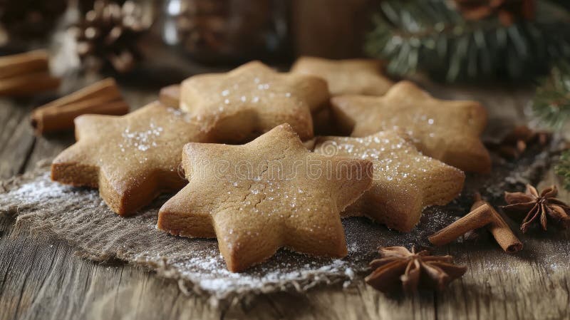 Star Shaped Gingerbread Cookies on Rustic Wooden Surface. Close up of several star shaped gingerbread cookies dusted with powdered sugar, arranged on a rustic wooden surface with cinnamon sticks and star anise. Warm, inviting, and festive setting