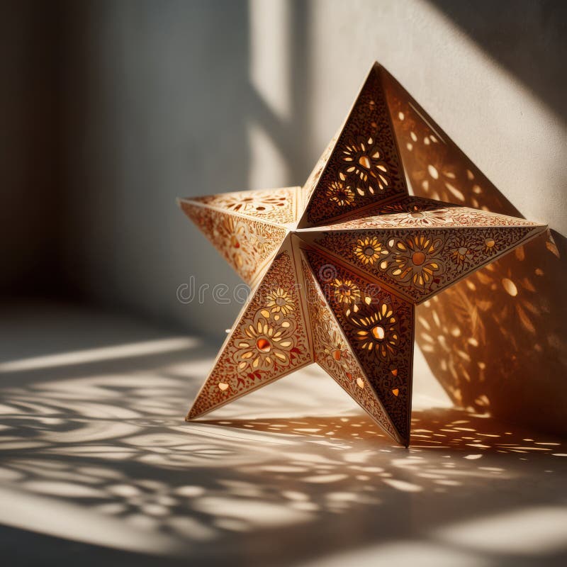 Star-shaped lantern casting intricate shadows in a serene, minimalist setting royalty free stock photo