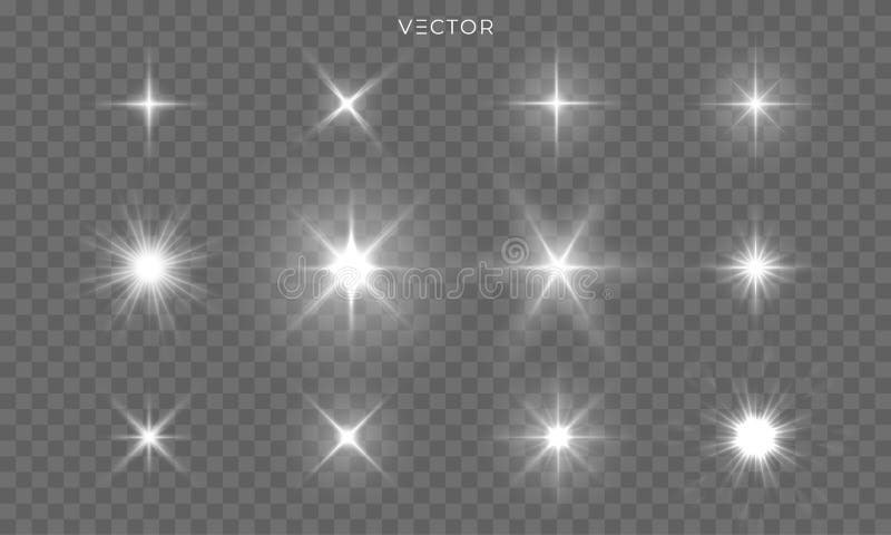 Star shines and light glow sparks, vector bright flare sparkles. Star flash effect on transparent background, isolated sun royalty free illustration