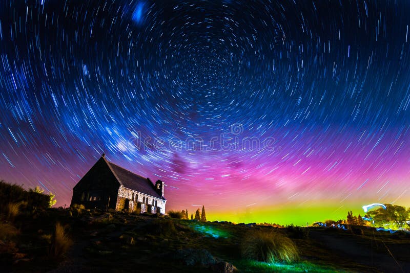 Star trails and Aurora light at Church of the Good Shepherd