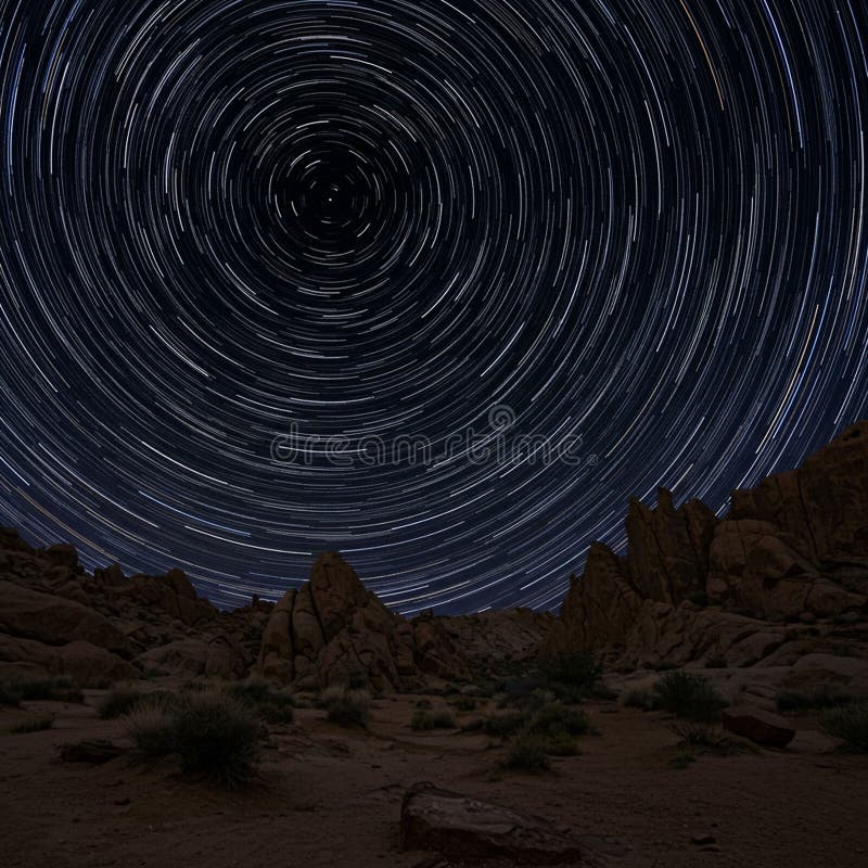 Star trails create mesmerizing circular patterns in the night sky above a rugged, rocky vector illustration
