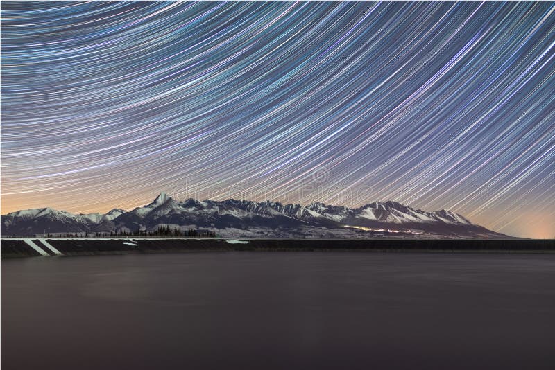 Star trails over the winter mountain