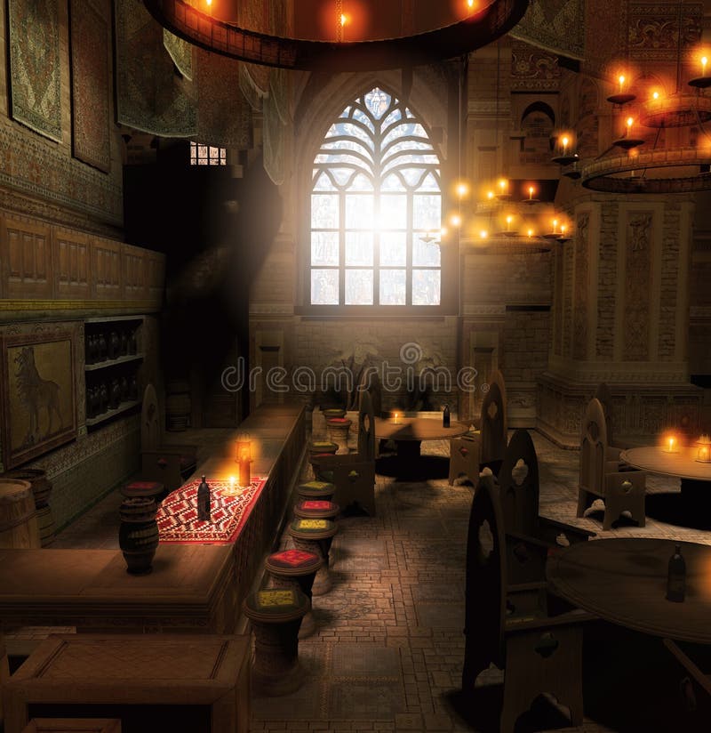 3d render of an old fantasy, medieval tavern interior with counter, tables, chairs, bottles and barrels. 3d render of an old fantasy, medieval tavern interior with counter, tables, chairs, bottles and barrels
