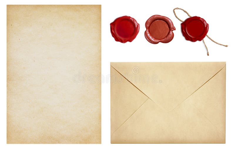 Old envelope and letter paper with wax seal stamps set isolated on white. Old envelope and letter paper with wax seal stamps set isolated on white