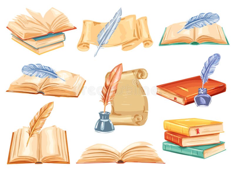 Stara książka, papierowa ślimacznica i piórkowa pióro akwarela ilustracja wektor