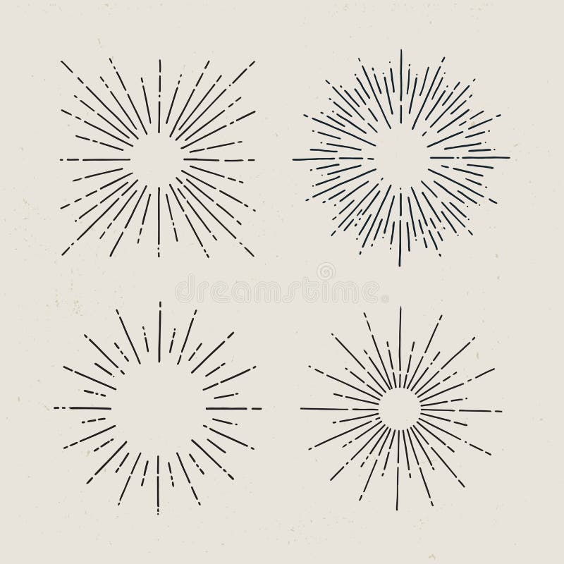 Starburst, raios de sol Grupo de sunbursts tirados mão no fundo claro ilustração stock Starburst, raios de sol Grupo de sunbursts tirados mão no fundo claro ilustração stock