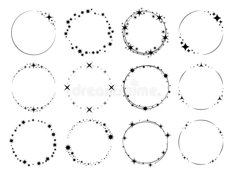 Stardust sparks frames. Silhouette stars circular patterns, magic holiday party decor, round glitter effect particles royalty free illustration