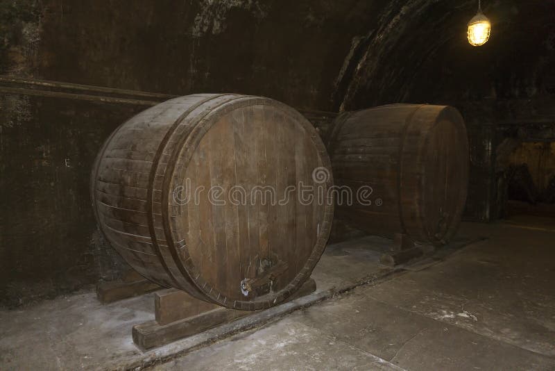 Stare ampuł baryłki z winem w lochu fotografia stock Stare ampuł baryłki z winem w lochu fotografia stock