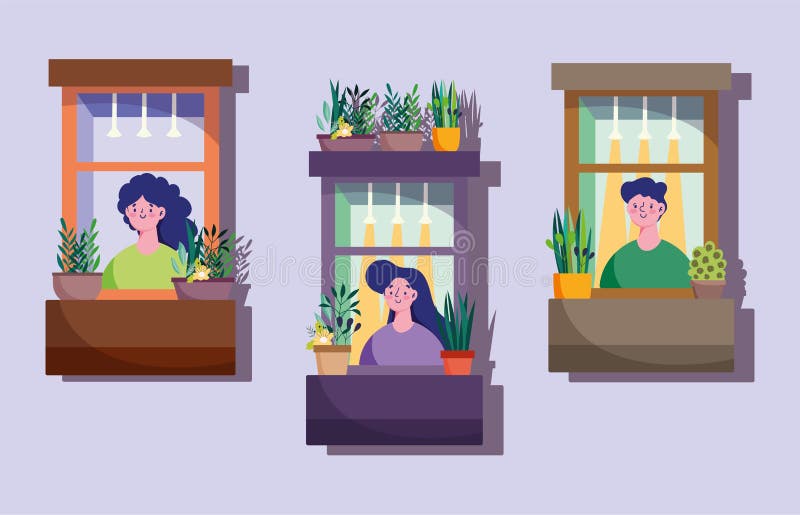 Stay at home quarantine, facade with neighbors in windows, potted plants decoration vector illustration. Stay at home quarantine, facade with neighbors in windows, potted plants decoration vector illustration