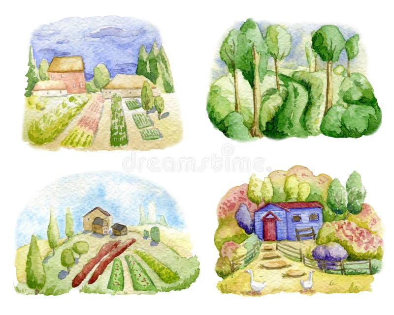 Stare gospodarstwa rolne i krajobrazy wiejskie. pola, w których znajdują się drzewa, zwierzęta domowe. koncepcja lokalnego planowa ilustracji