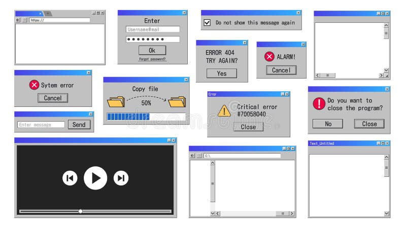 Stare okna interfejsu. komunikat o błędzie retro przeglądarka internetowa i klasyczny projekt oprogramowania menedżera plików. sta ilustracja wektor