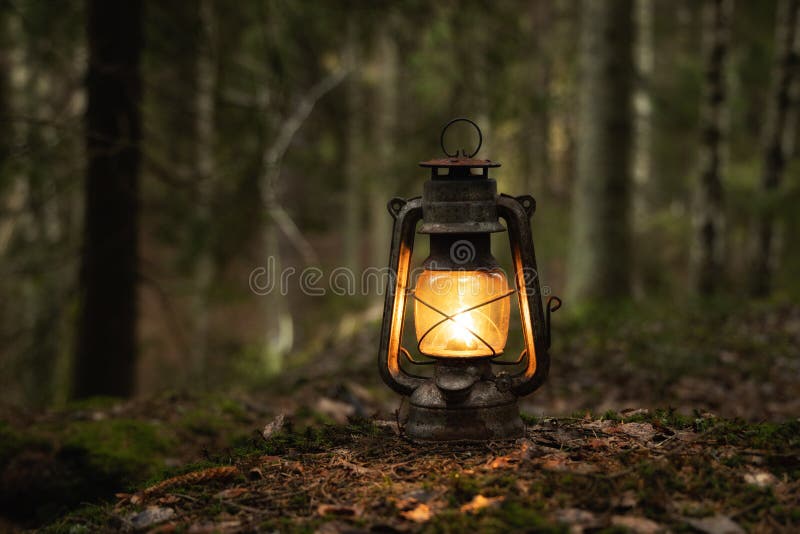 Stare oświetlenie latarni w ciemnym lesie koncepcja obozu turystycznego Paląca latarnia na mchu w lesie w nocy