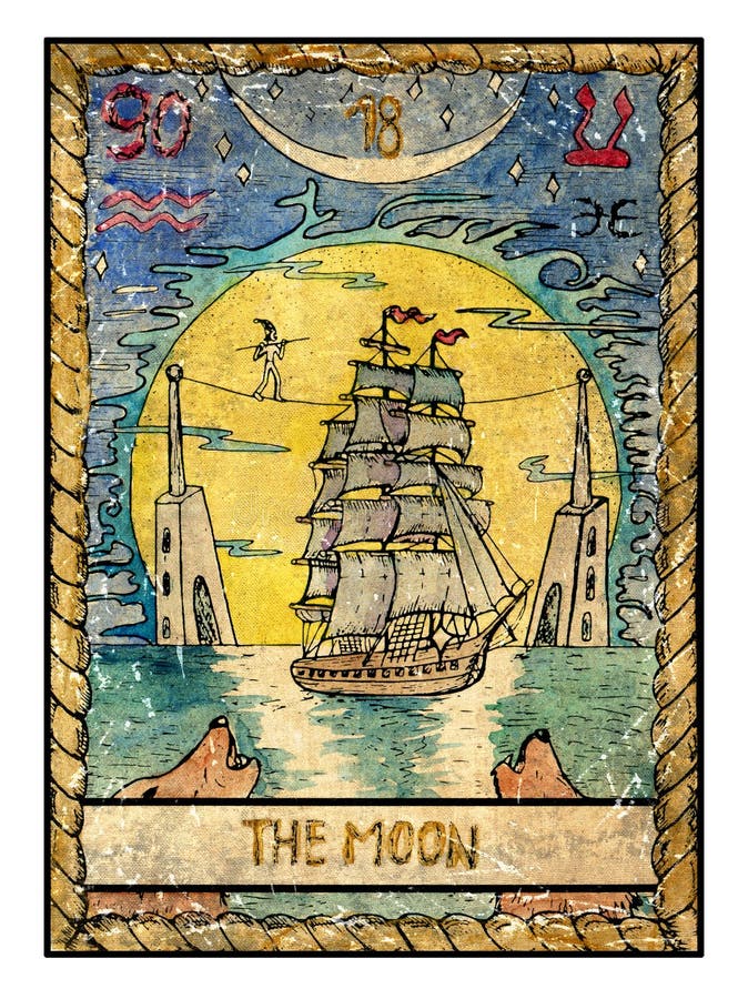 Stare tarot karty Pełny pokład Księżyc w chmurnej nocy…