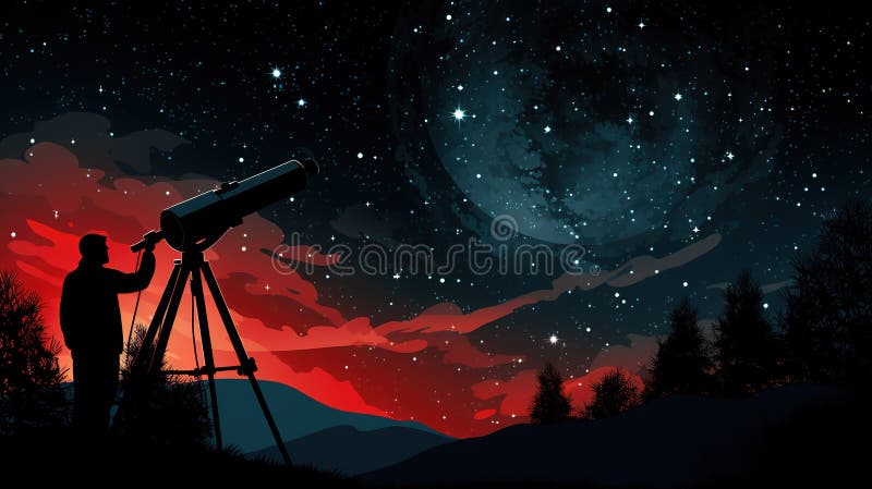 Stargazing a stars and planets through the telescope at night, astrology concept royalty free illustration
