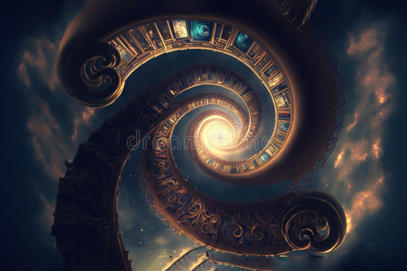 Staring up infinite climbing celestial library spiraling towards light. Staring up at an infinite, spiraling celestial library is a awe-inspiring experience. The library seems to climb endlessly towards the light, with its spiraling structure creating a mesmerizing illusion of ascent into the infinite. The vastness of the library and the sense of climbing towards the unknown inspires a sense of wonder and curiosity, tempting the viewer to explore its many shelves and lost in its endless corridors of knowledge. The light shining down upon the library adds to its mysterious beauty, creating a peaceful and mystical atmosphere that leaves the viewer in awe of the universe s infinite wonders.