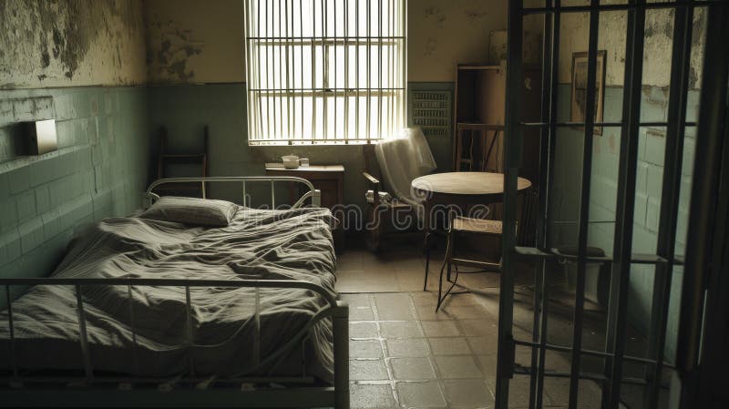 Stark Prison Cell with Natural Light. A dimly lit prison cell with a single window, unkempt bed, and sparse furnishings, capturing the essence of isolation and confinement. AI generated
