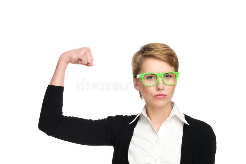 Blond woman in green glasses flexing muscles. Head and shoulders studio shot isolated on white. Blond woman in green glasses flexing muscles. Head and shoulders studio shot isolated on white.