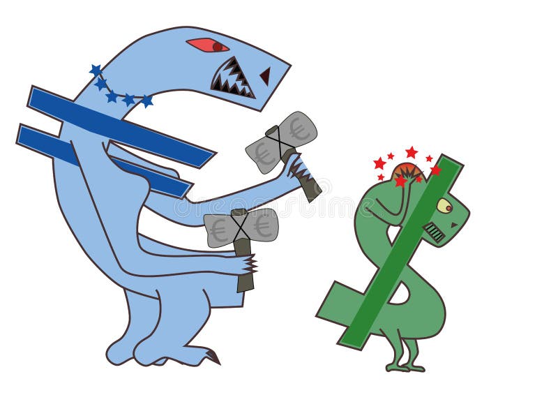 Conceptual illustration of a strong Euro hitting a weak American dollar currency sign with a white background. Conceptual illustration of a strong Euro hitting a weak American dollar currency sign with a white background.