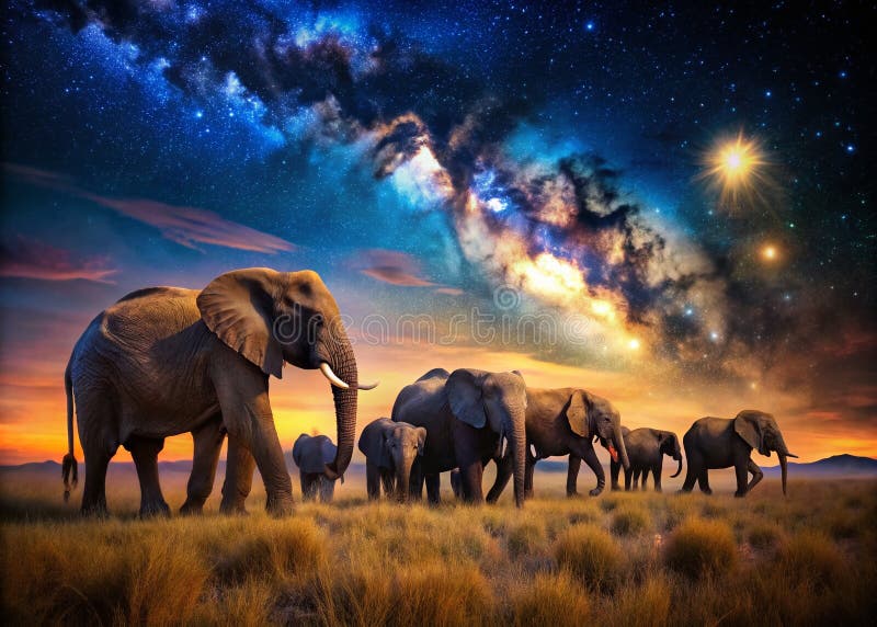 Starlit Savannah Sergranat Majestic Elephant Herd Embarks på en nattlig resa genom de Dark African Plains vektor illustrationer