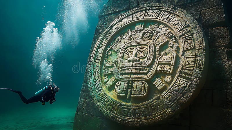 Starożytna Mayan rzeźba boga słońca zanurzona jest pod wodą z odkryciem skomplikowanych szczegółów rzeźby. przywołania scen ilustracji